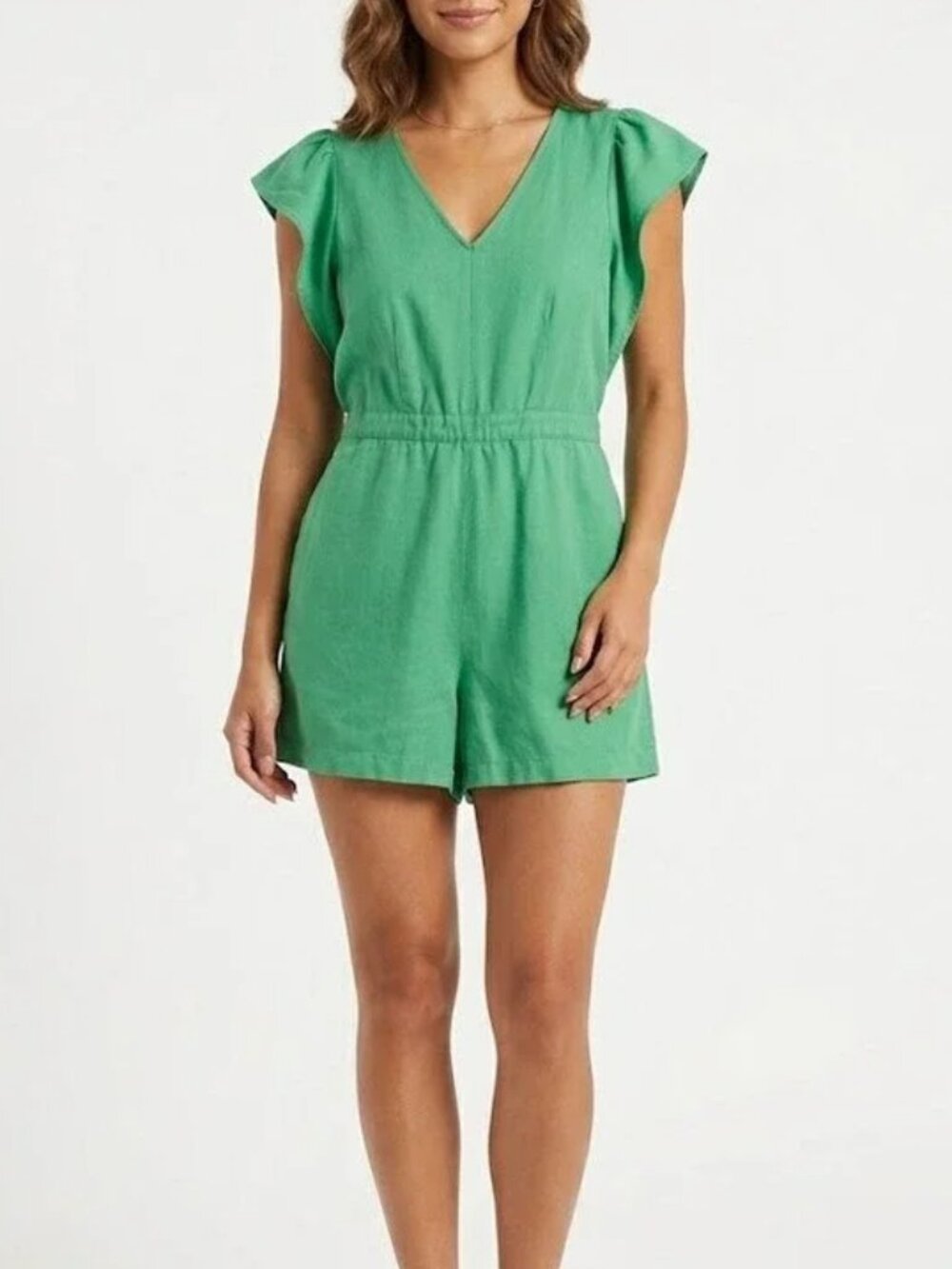 Ann Taylor Kelly Green Linen Romper Flutter Sleeve Size 0Petite Pockets
